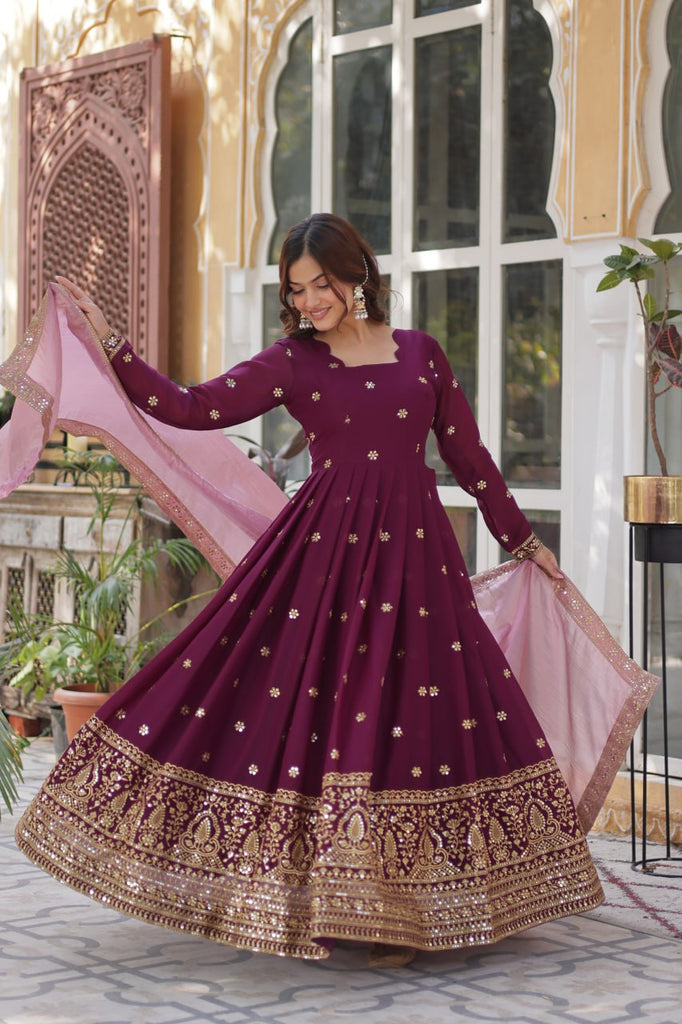 Wine Glamorous Star Georgette Embroidered Gown with Gold Crush Dupatta ClothsVilla