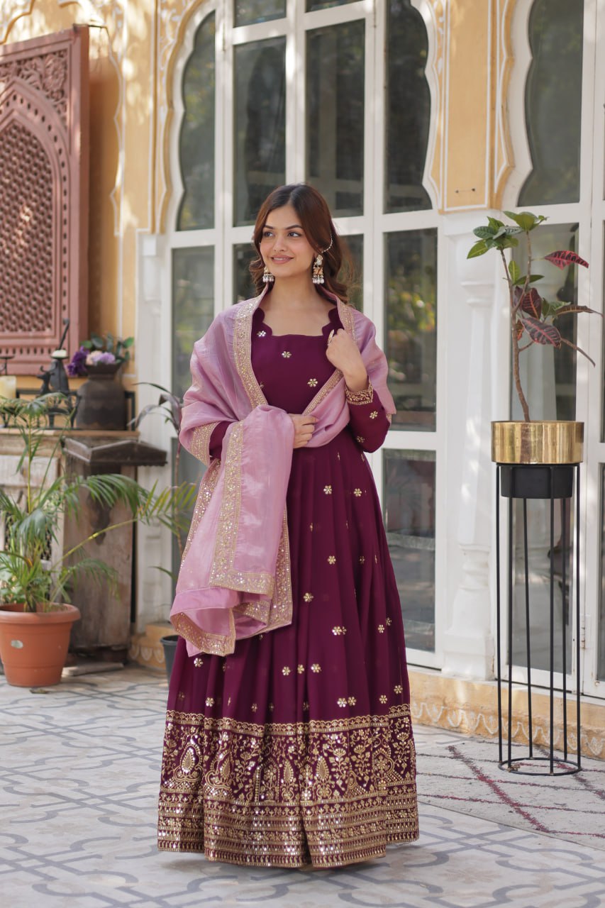 Wine Glamorous Star Georgette Embroidered Gown with Gold Crush Dupatta ClothsVilla Main image