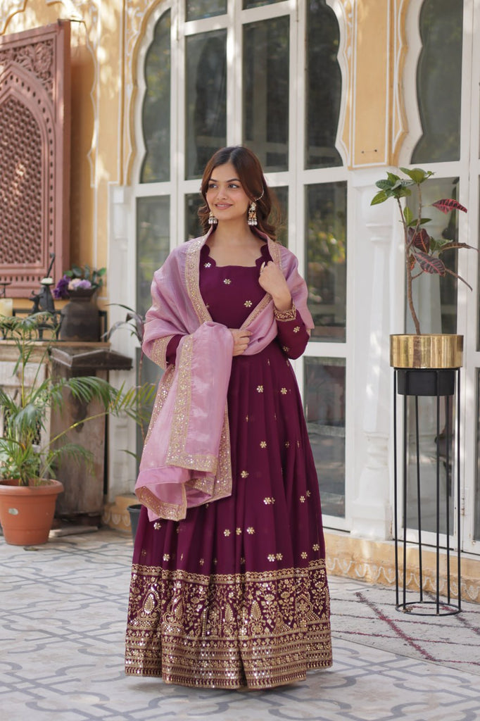 Wine Glamorous Star Georgette Embroidered Gown with Gold Crush Dupatta ClothsVilla
