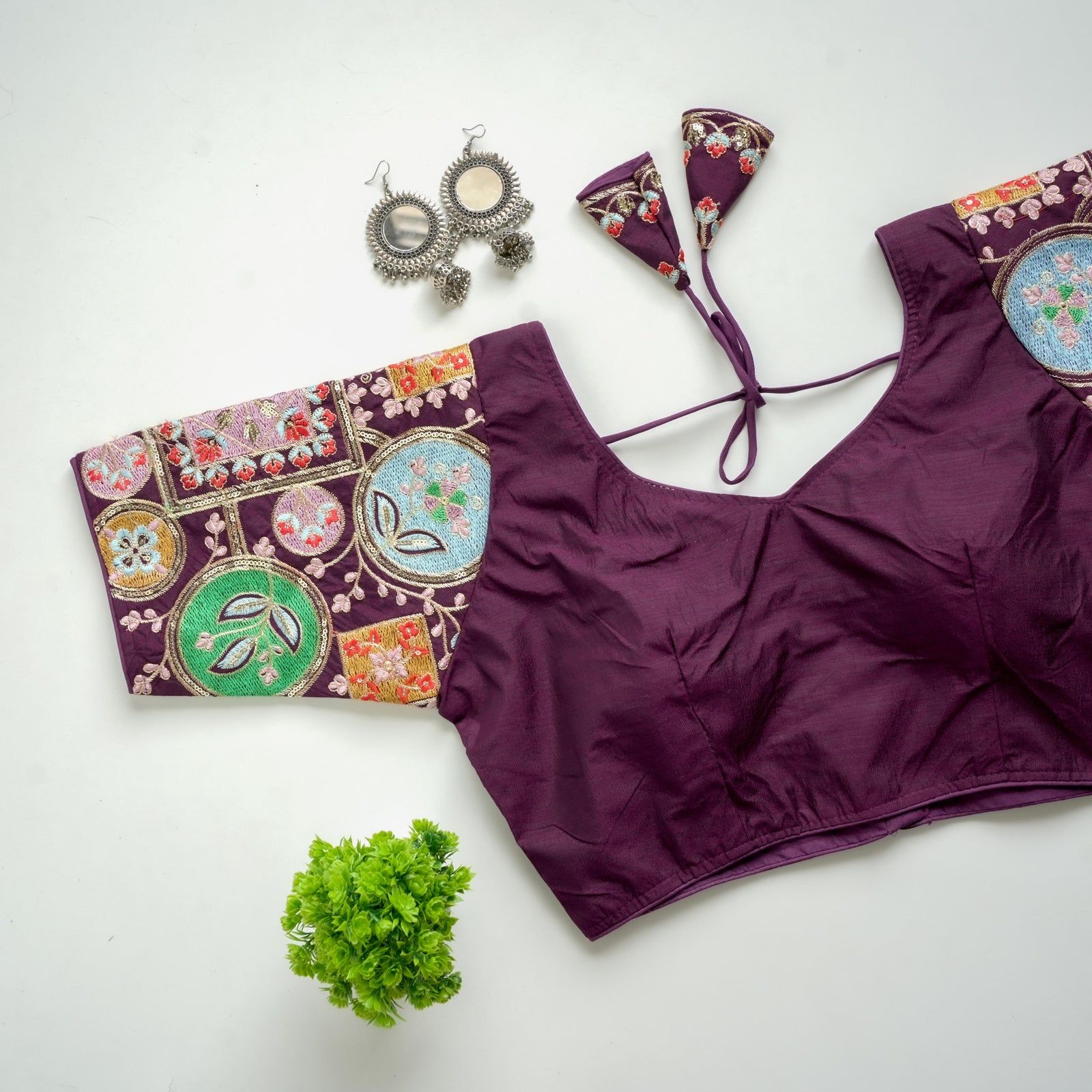 Wine Golden Embroidered Blouse with Sequins on Seoul Silk Sleeves ClothsVilla