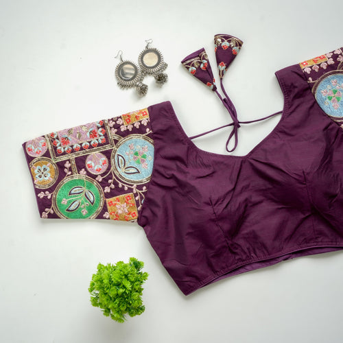 Wine Golden Embroidered Blouse with Sequins on Seoul Silk Sleeves ClothsVilla