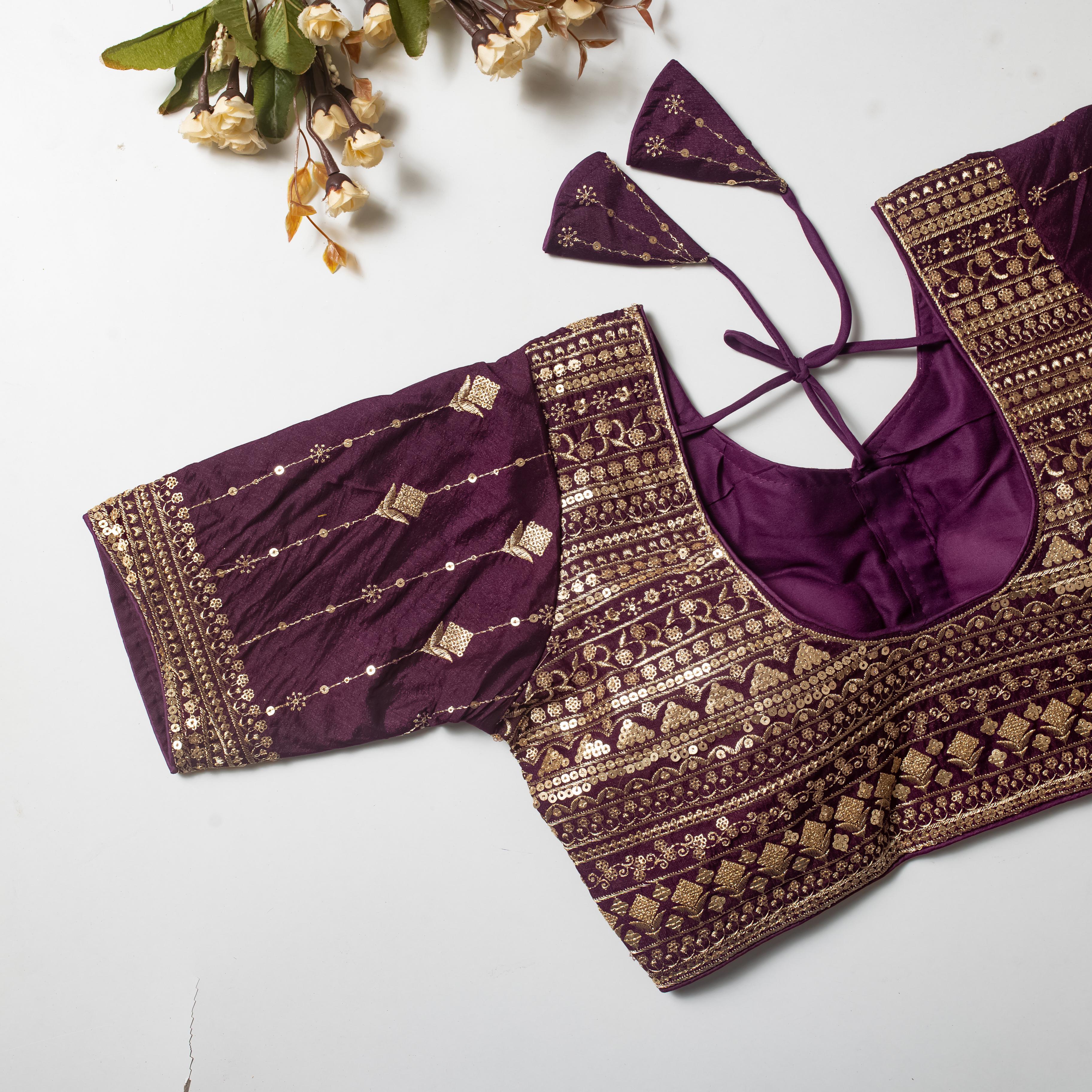 Wine Golden Embroidered Vibrant Silk Blouse with Sequins ClothsVilla Main image