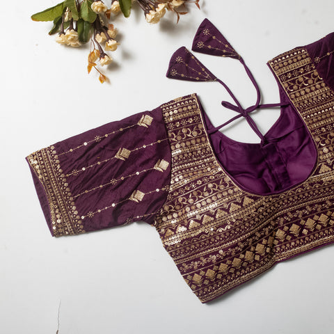 Wine Golden Embroidered Vibrant Silk Blouse with Sequins ClothsVilla Main image