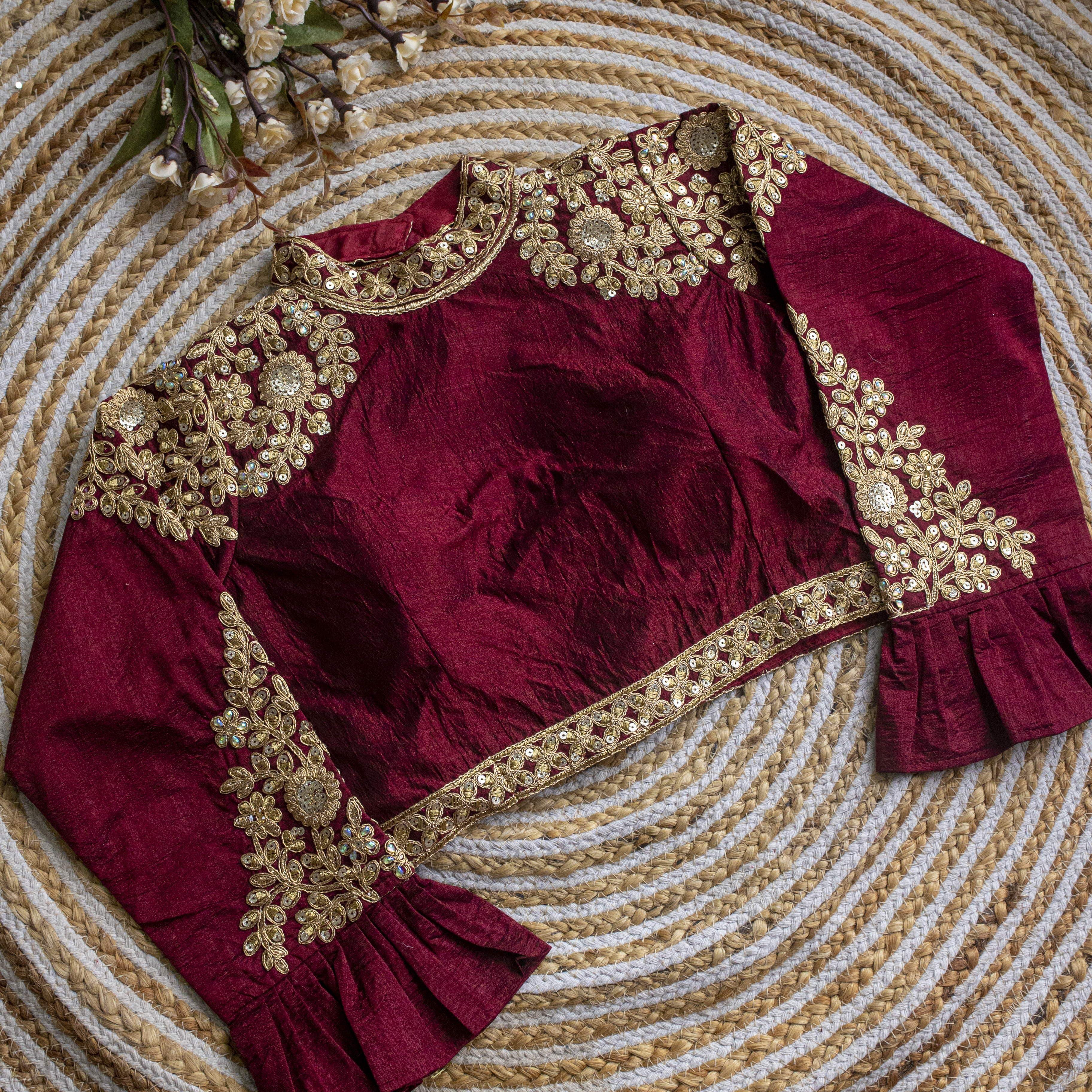 Wine Golden Sequence Embroidered Blouse in glossy silk ClothsVilla Main image