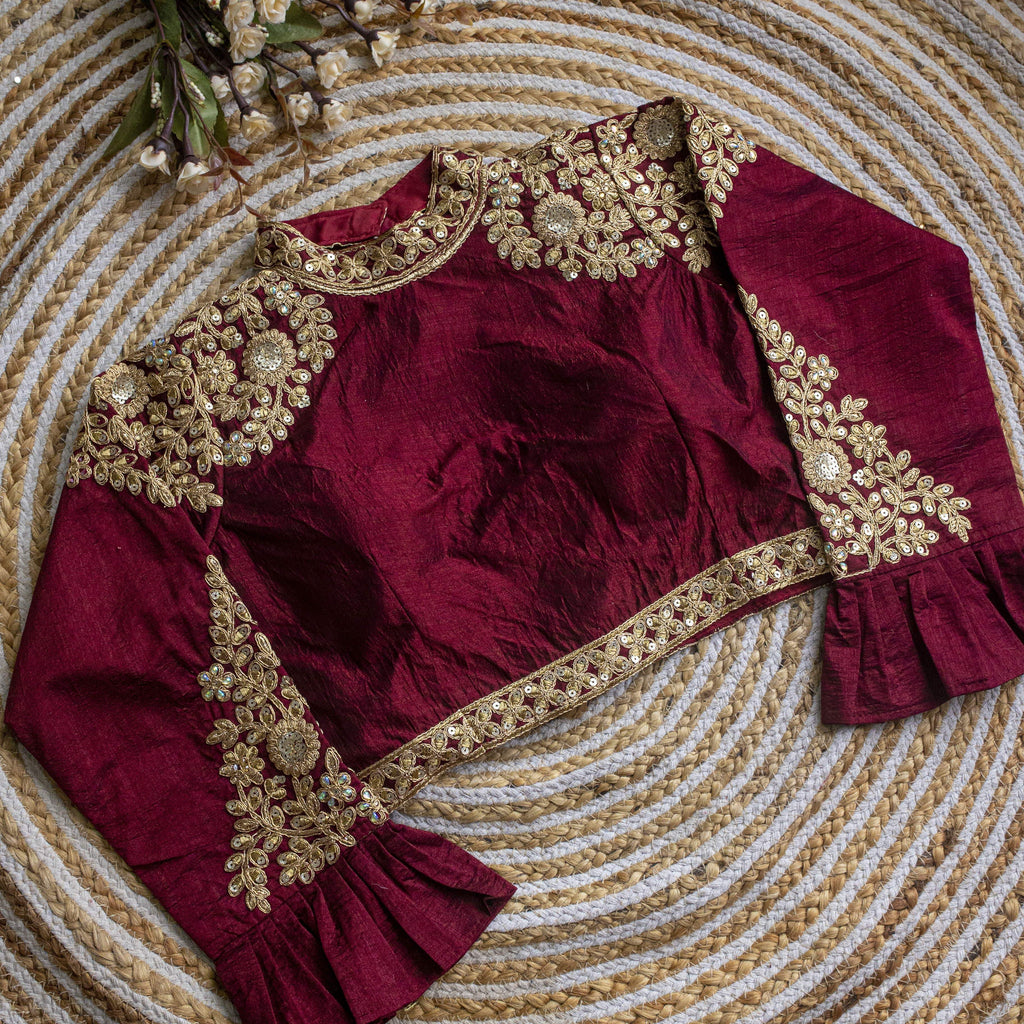 Wine Golden Sequence Embroidered Blouse in glossy silk ClothsVilla