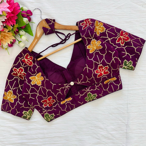 Wine Golden Sequined Blouse with Colorful Embroidery in Georgette Silk ClothsVilla Main image