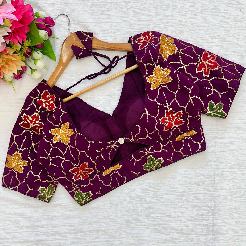 Wine Golden Sequined Blouse with Colorful Embroidery in Georgette Silk ClothsVilla