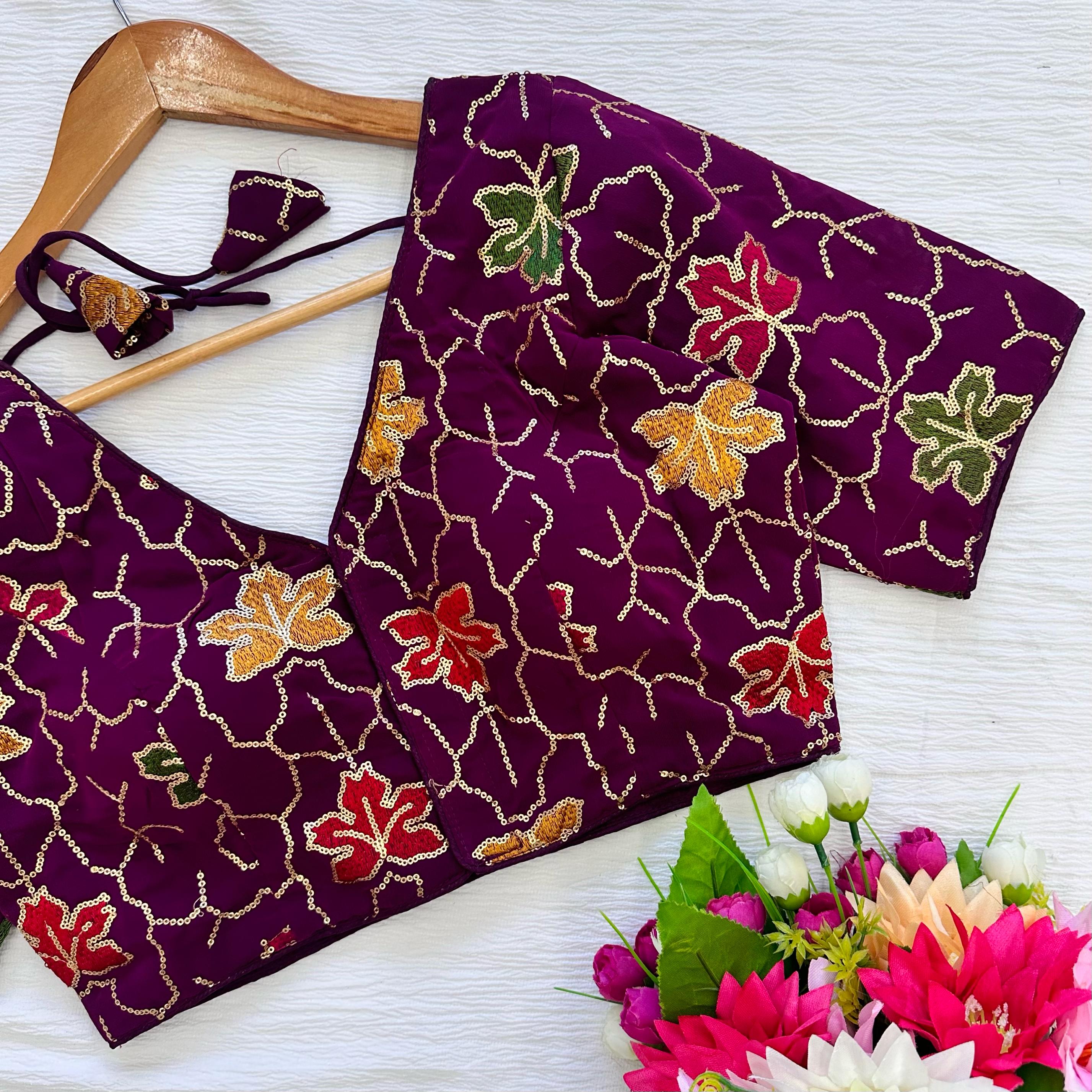 Wine Golden Sequined Blouse with Colorful Embroidery in Georgette Silk Secondary image