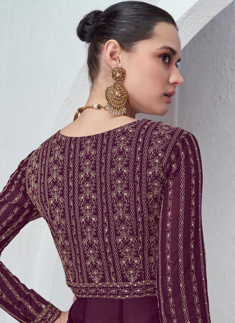 Wine Gorgeous Embroidered Faux Georgette Gown with Skirt & Dupatta ClothsVilla