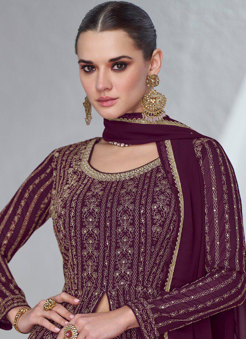 Wine Gorgeous Embroidered Faux Georgette Gown with Skirt & Dupatta ClothsVilla