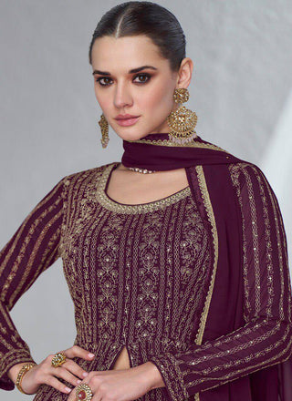 Wine Gorgeous Embroidered Faux Georgette Gown with Skirt & Dupatta ClothsVilla