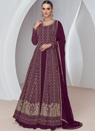 Wine Gorgeous Embroidered Faux Georgette Gown with Skirt & Dupatta ClothsVilla