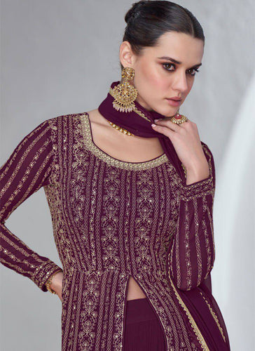 Wine Gorgeous Embroidered Faux Georgette Gown with Skirt & Dupatta ClothsVilla