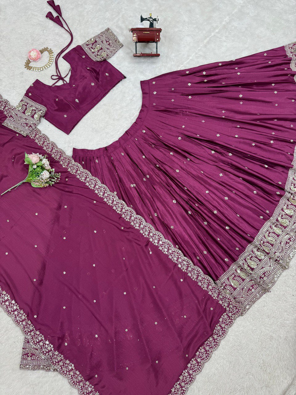 Wine Graceful Chinon Silk Lehenga Set with Sequin Embroidery & Lace-Detailed Dupatta ClothsVilla