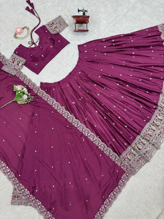Wine Graceful Chinon Silk Lehenga Set with Sequin Embroidery & Lace-Detailed Dupatta ClothsVilla