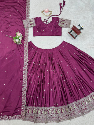 Wine Graceful Chinon Silk Lehenga Set with Sequin Embroidery & Lace-Detailed Dupatta ClothsVilla