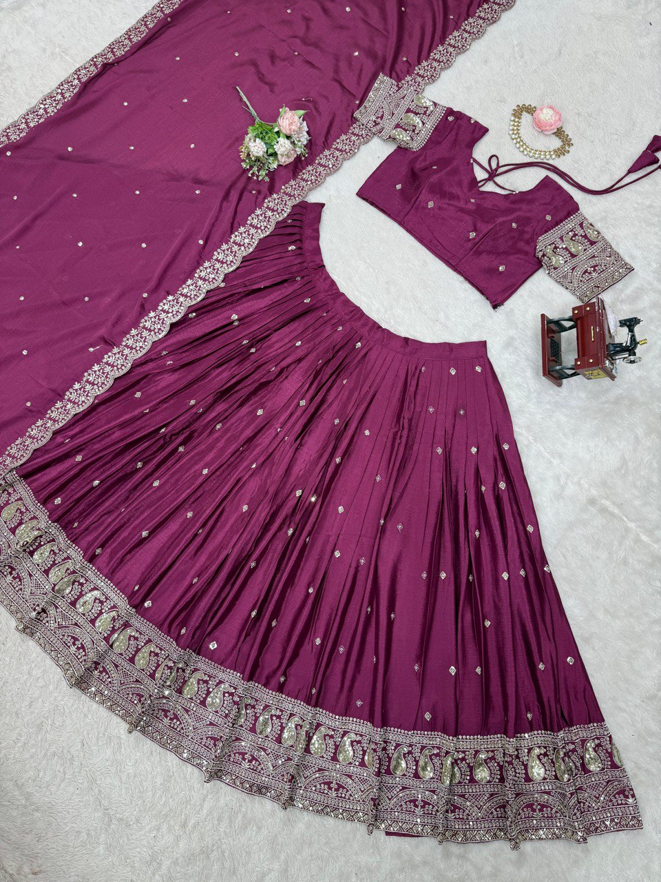 Wine Graceful Chinon Silk Lehenga Set with Sequin Embroidery & Lace-Detailed Dupatta ClothsVilla