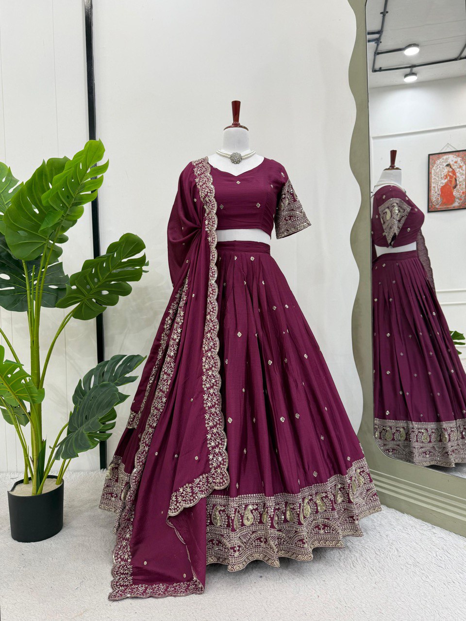 Wine Graceful Chinon Silk Lehenga Set with Sequin Embroidery & Lace-Detailed Dupatta ClothsVilla