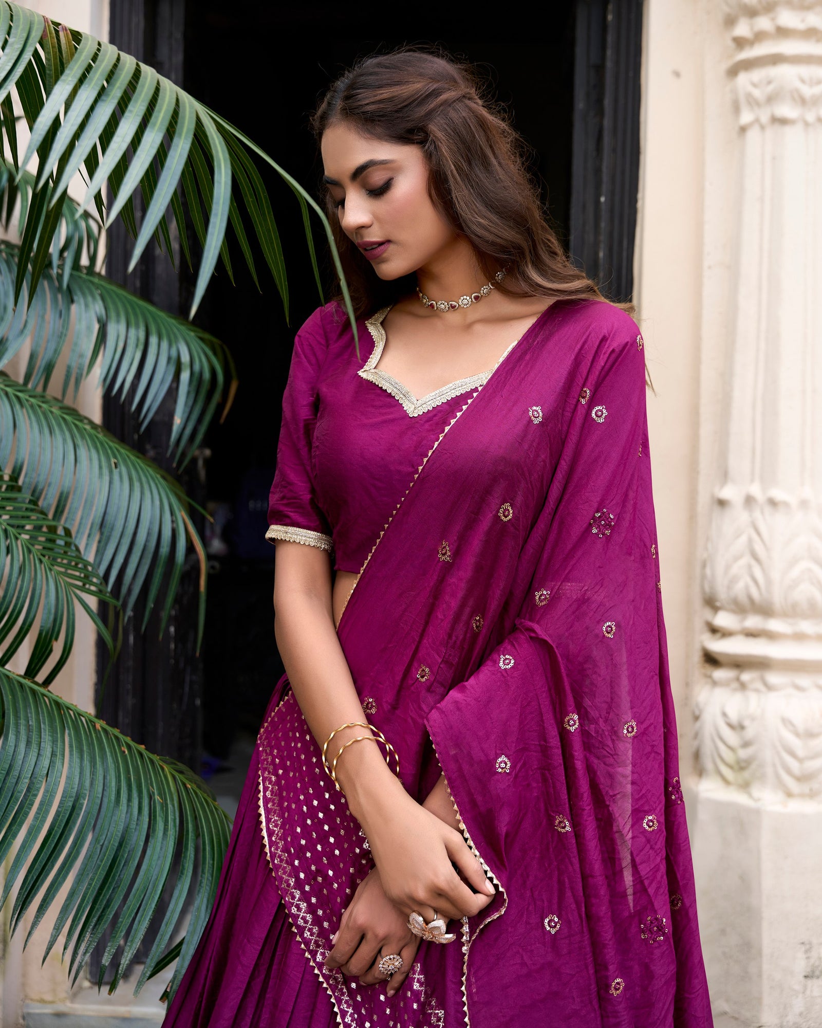 Wine Graceful Elegance Pure Chanderi Lehenga with Zari Border & Sequin Dupatta