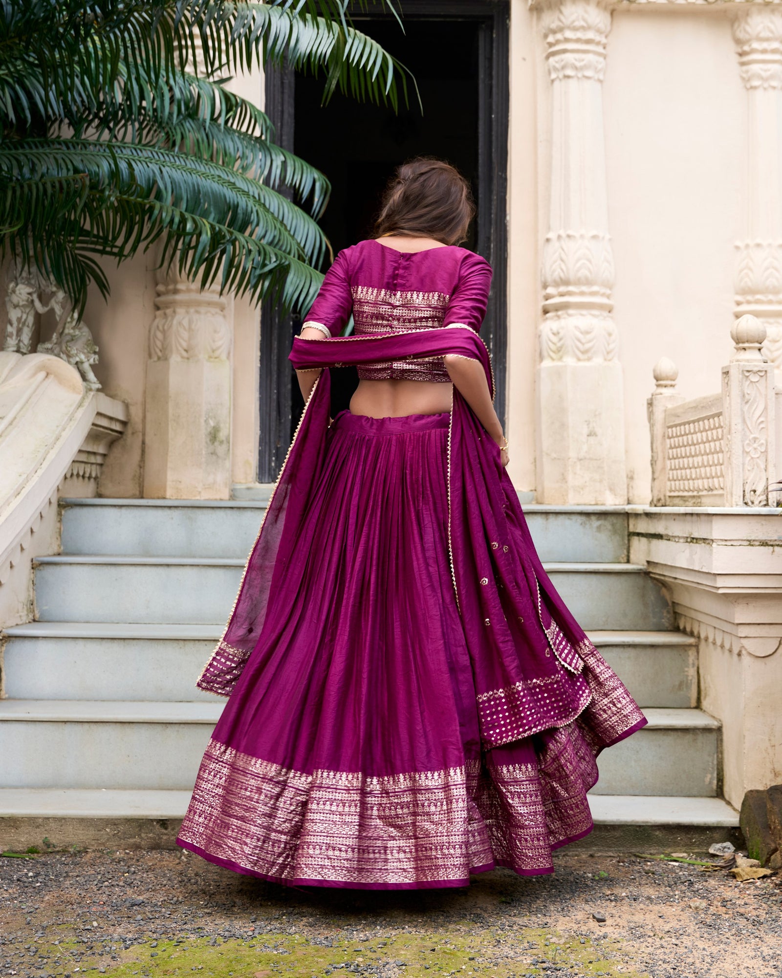 Wine Graceful Elegance Pure Chanderi Lehenga with Zari Border & Sequin Dupatta