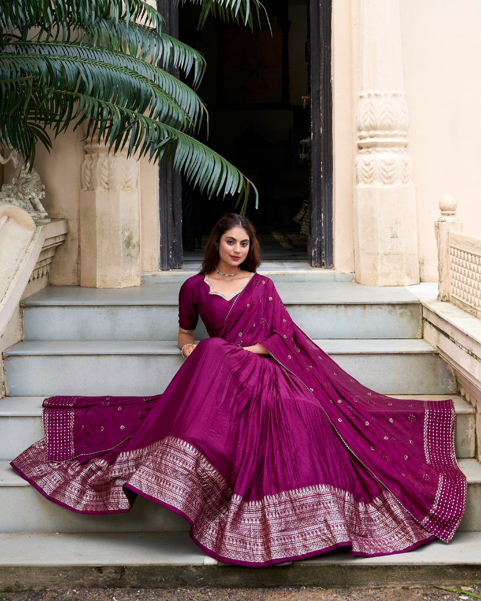 Wine Graceful Elegance Pure Chanderi Lehenga with Zari Border & Sequin Dupatta