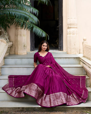 Wine Graceful Elegance Pure Chanderi Lehenga with Zari Border & Sequin Dupatta