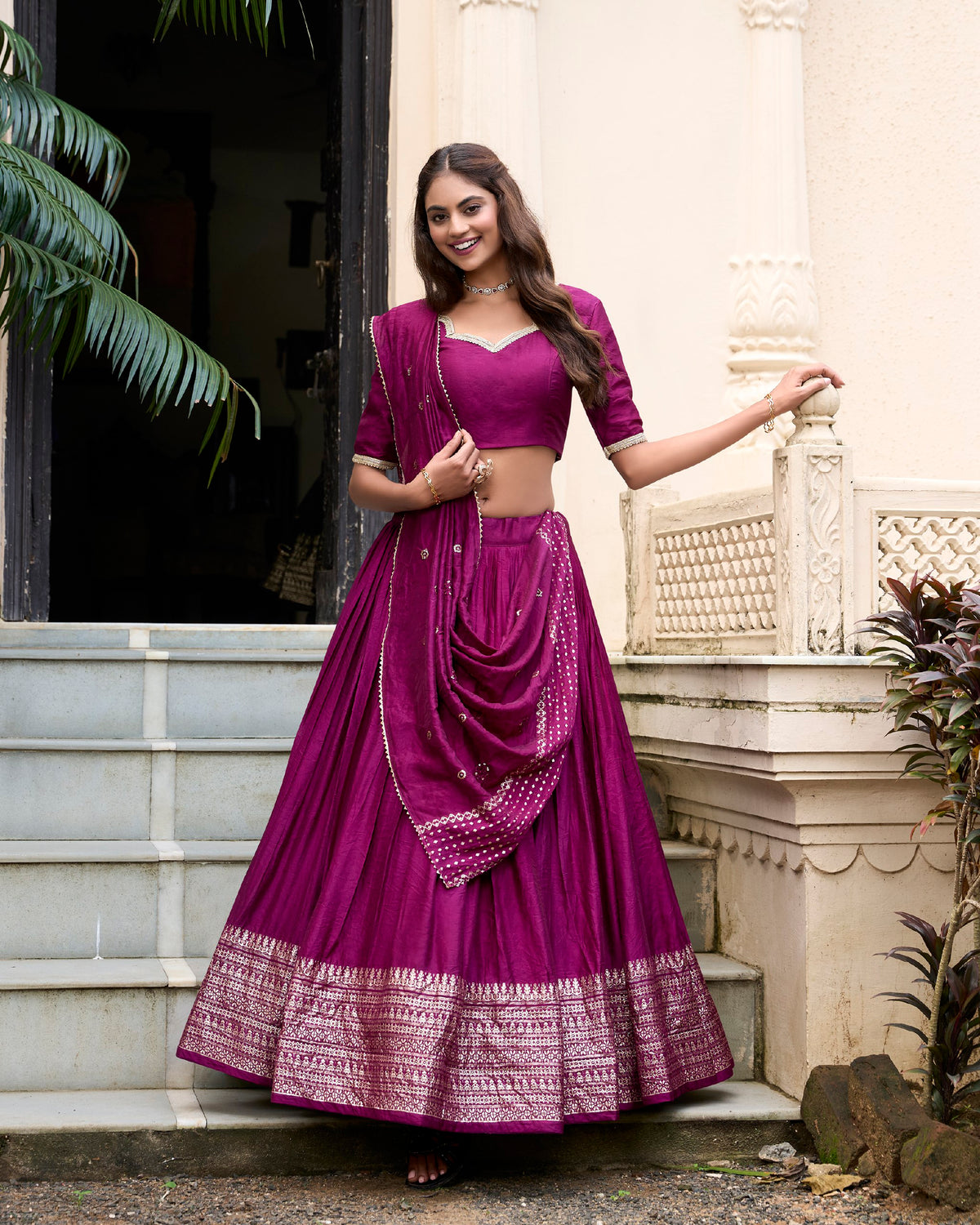 Wine Graceful Elegance Pure Chanderi Lehenga with Zari Border & Sequin Dupatta Main image