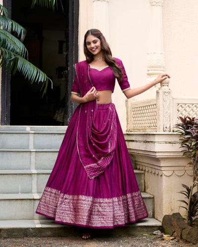 Wine Graceful Elegance Pure Chanderi Lehenga with Zari Border & Sequin Dupatta