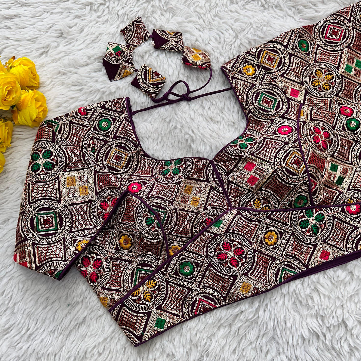 Wine Heavy Cording Work Pure Georgette Blouse with Multicolor Embellishments ClothsVilla Main image