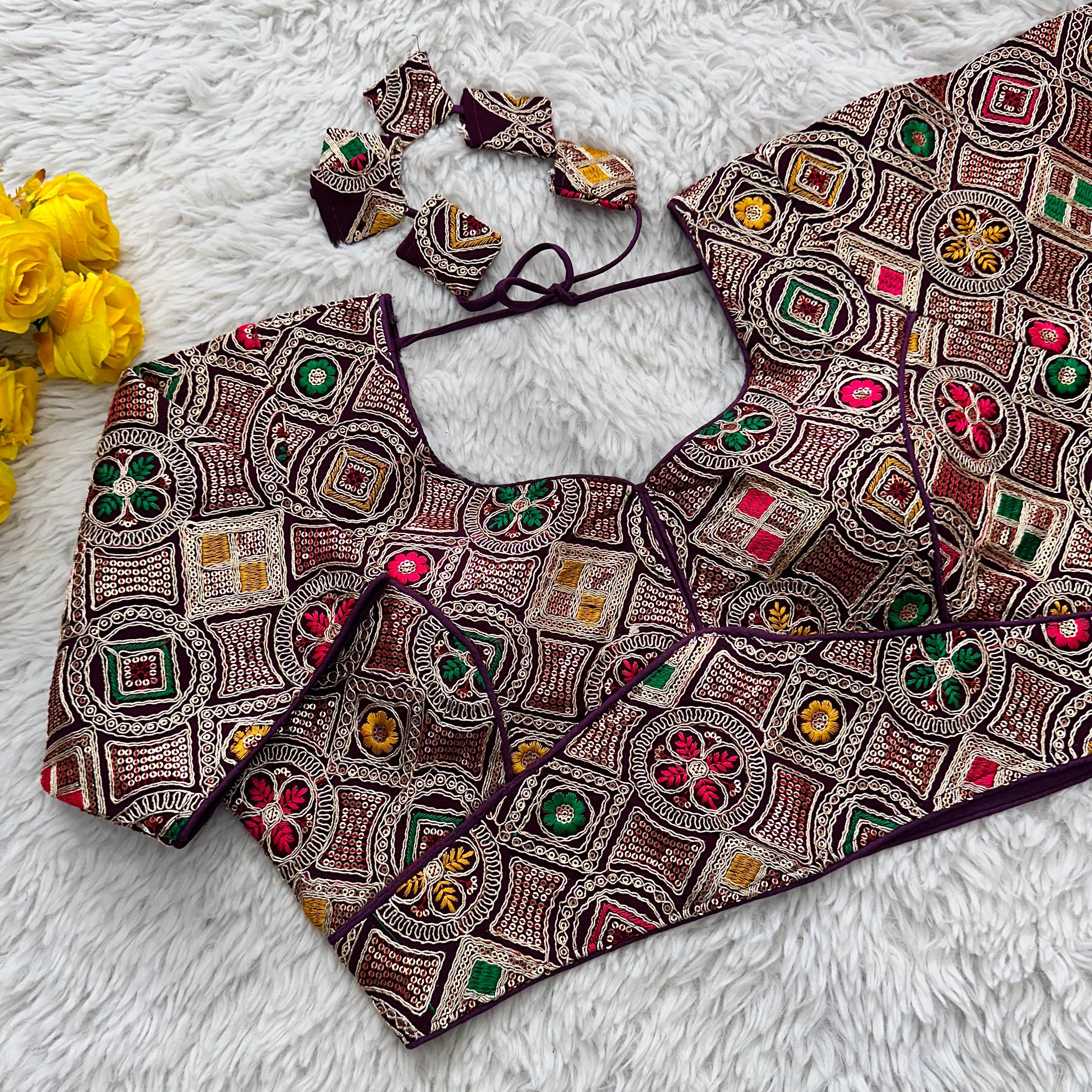 Wine Heavy Cording Work Pure Georgette Blouse with Multicolor Embellishments ClothsVilla Main image