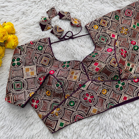 Wine Heavy Cording Work Pure Georgette Blouse with Multicolor Embellishments ClothsVilla Main image