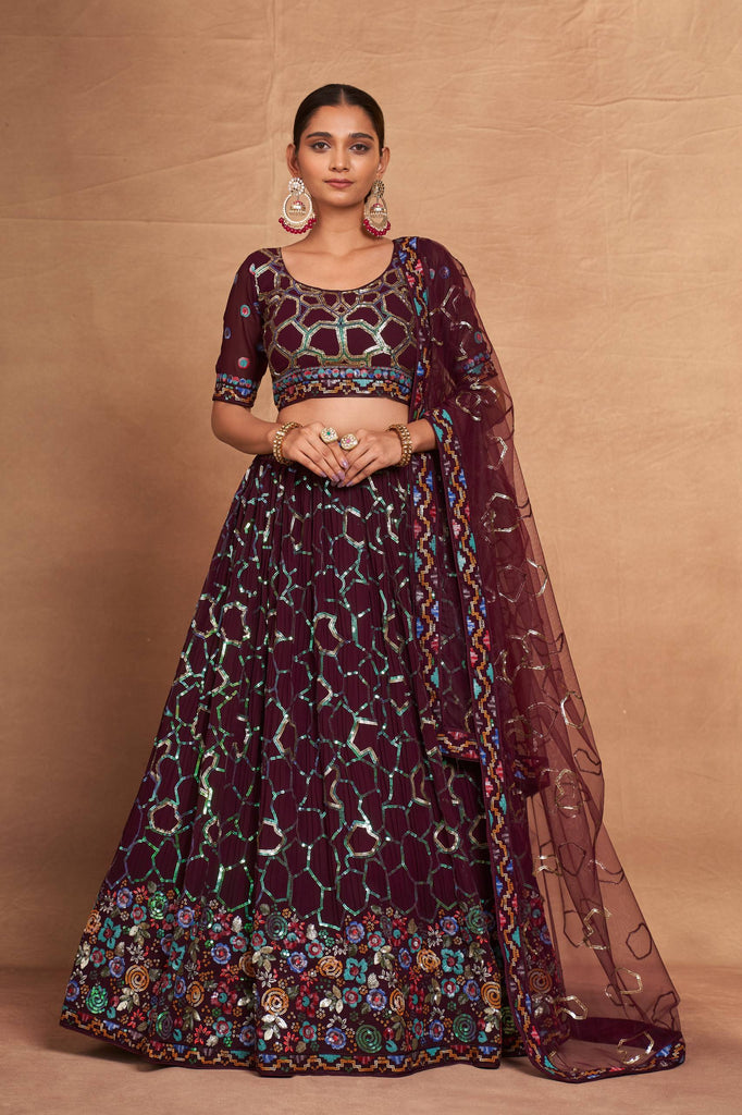 Wine Heavy Georgette Embroidered Lehenga Choli Set with Sequins & Net Dupatta ClothsVilla
