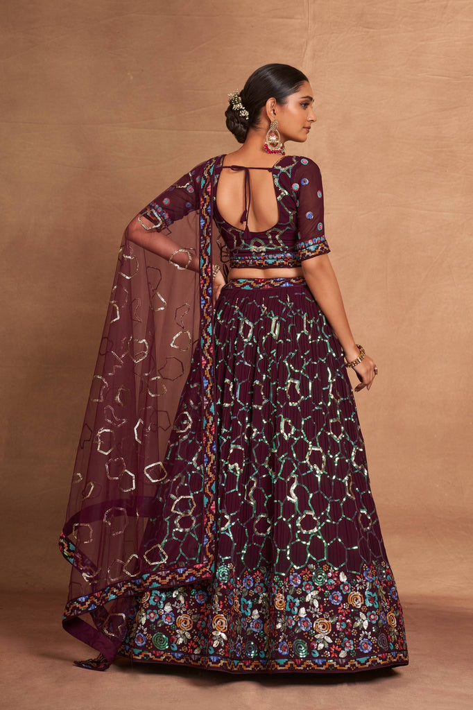 Wine Heavy Georgette Embroidered Lehenga Choli Set with Sequins & Net Dupatta ClothsVilla