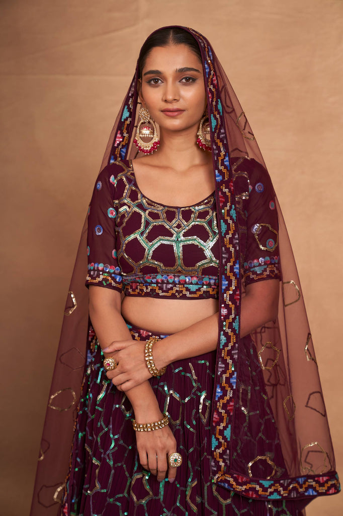Wine Heavy Georgette Embroidered Lehenga Choli Set with Sequins & Net Dupatta ClothsVilla