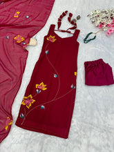 Load image into Gallery viewer, Wine Hot Elegant Floral Handpainted Straight Cut Suit ClothsVilla