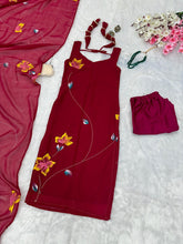 Load image into Gallery viewer, Wine Hot Elegant Floral Handpainted Straight Cut Suit ClothsVilla