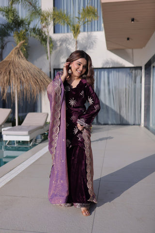 Wine Ice Velvet Palazzo Set with Fendi Sequins Dupatta ClothsVilla