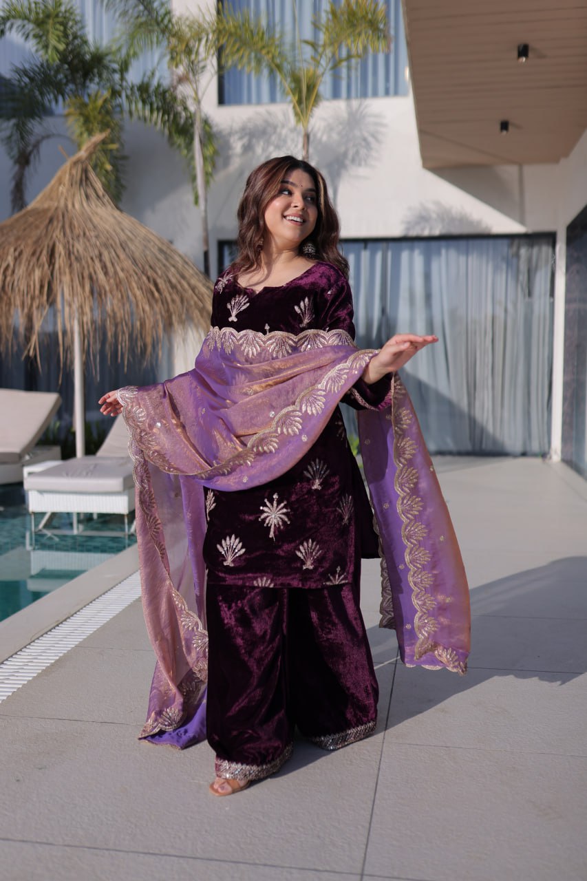 Wine Ice Velvet Palazzo Set with Fendi Sequins Dupatta ClothsVilla