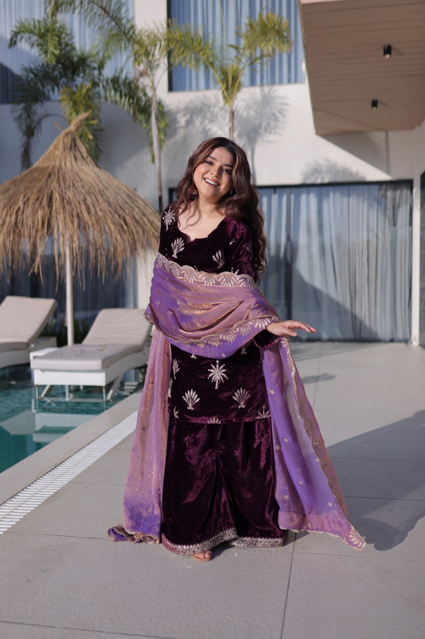 Wine Ice Velvet Palazzo Set with Fendi Sequins Dupatta ClothsVilla
