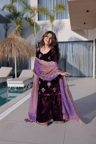 Wine Ice Velvet Palazzo Set with Fendi Sequins Dupatta ClothsVilla