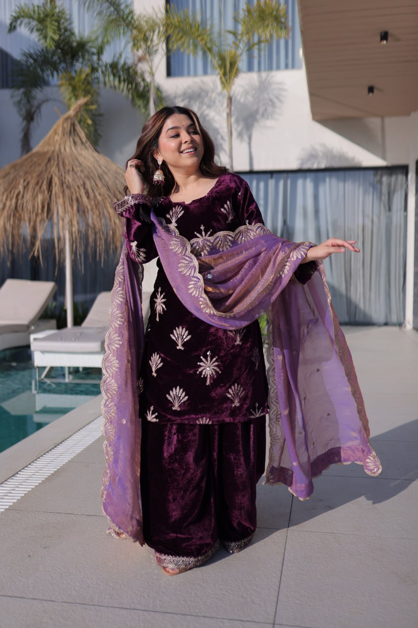 Wine Ice Velvet Palazzo Set with Fendi Sequins Dupatta ClothsVilla