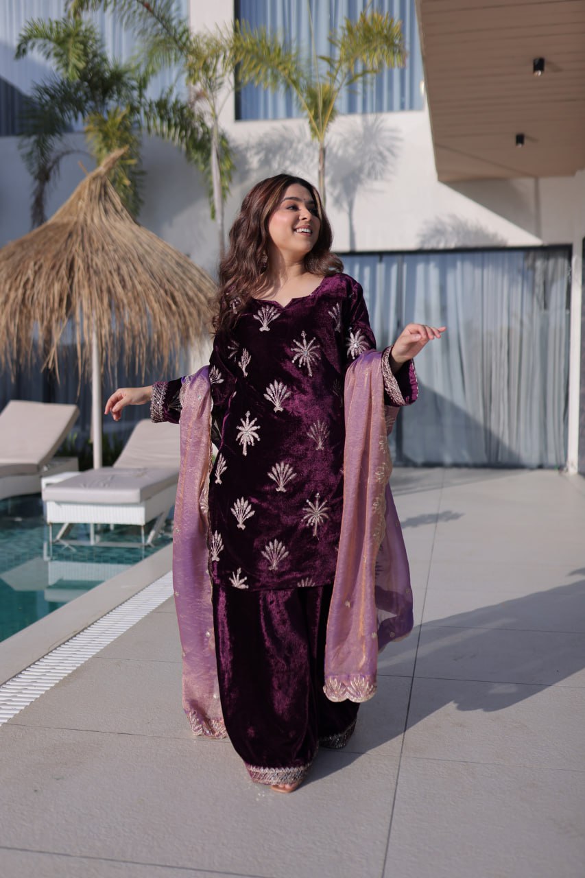 Wine Ice Velvet Palazzo Set with Fendi Sequins Dupatta ClothsVilla