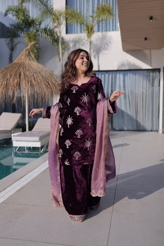 Wine Ice Velvet Palazzo Set with Fendi Sequins Dupatta ClothsVilla
