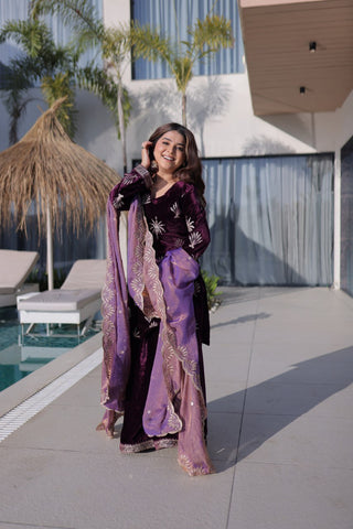 Wine Ice Velvet Palazzo Set with Fendi Sequins Dupatta ClothsVilla