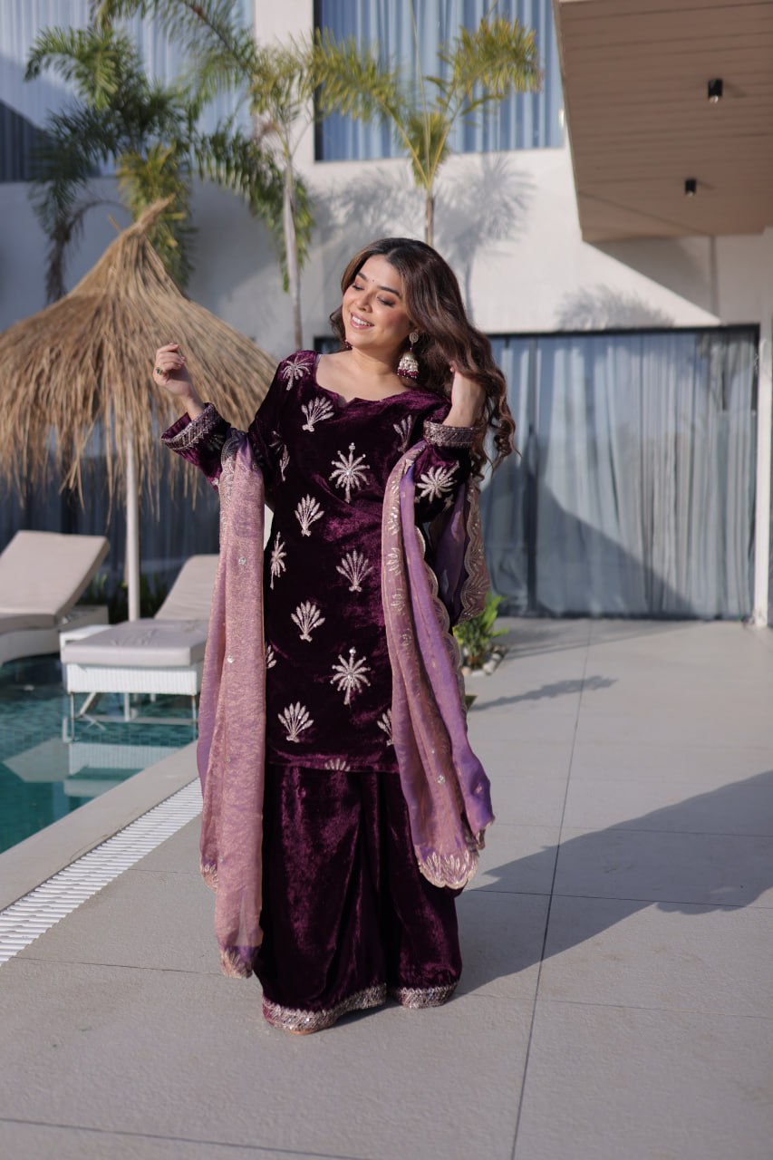 Wine Ice Velvet Palazzo Set with Fendi Sequins Dupatta ClothsVilla