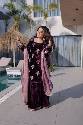 Wine Ice Velvet Palazzo Set with Fendi Sequins Dupatta ClothsVilla