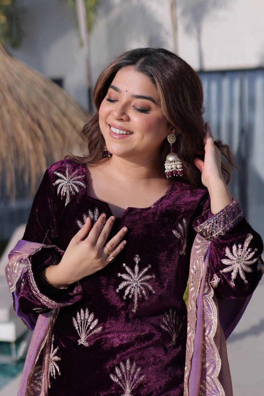 Wine Ice Velvet Palazzo Set with Fendi Sequins Dupatta ClothsVilla