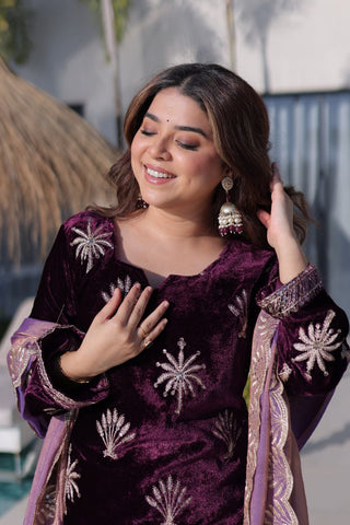 Wine Ice Velvet Palazzo Set with Fendi Sequins Dupatta ClothsVilla