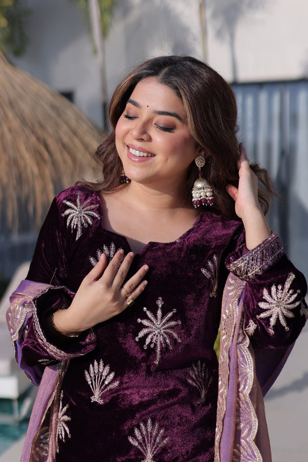 Wine Ice Velvet Palazzo Set with Fendi Sequins Dupatta ClothsVilla
