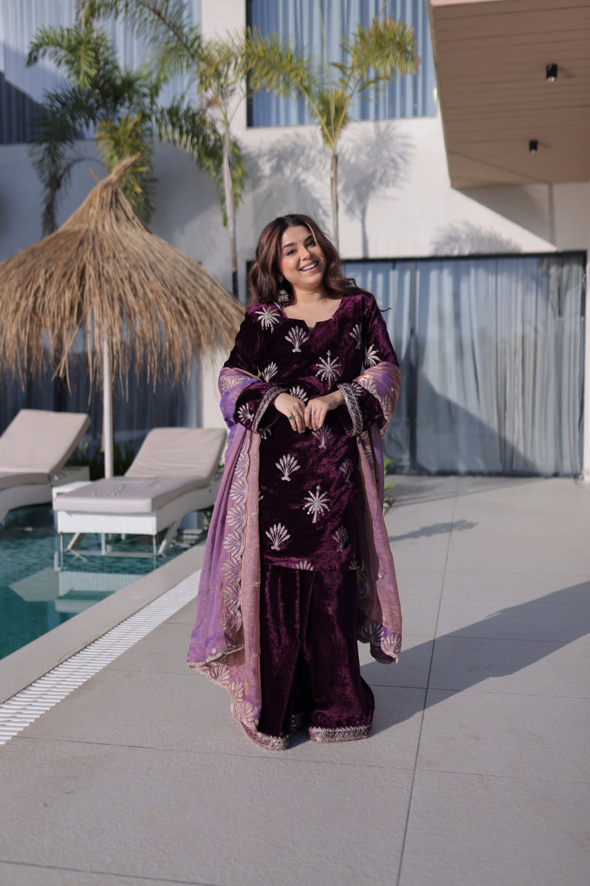 Wine Ice Velvet Palazzo Set with Fendi Sequins Dupatta ClothsVilla